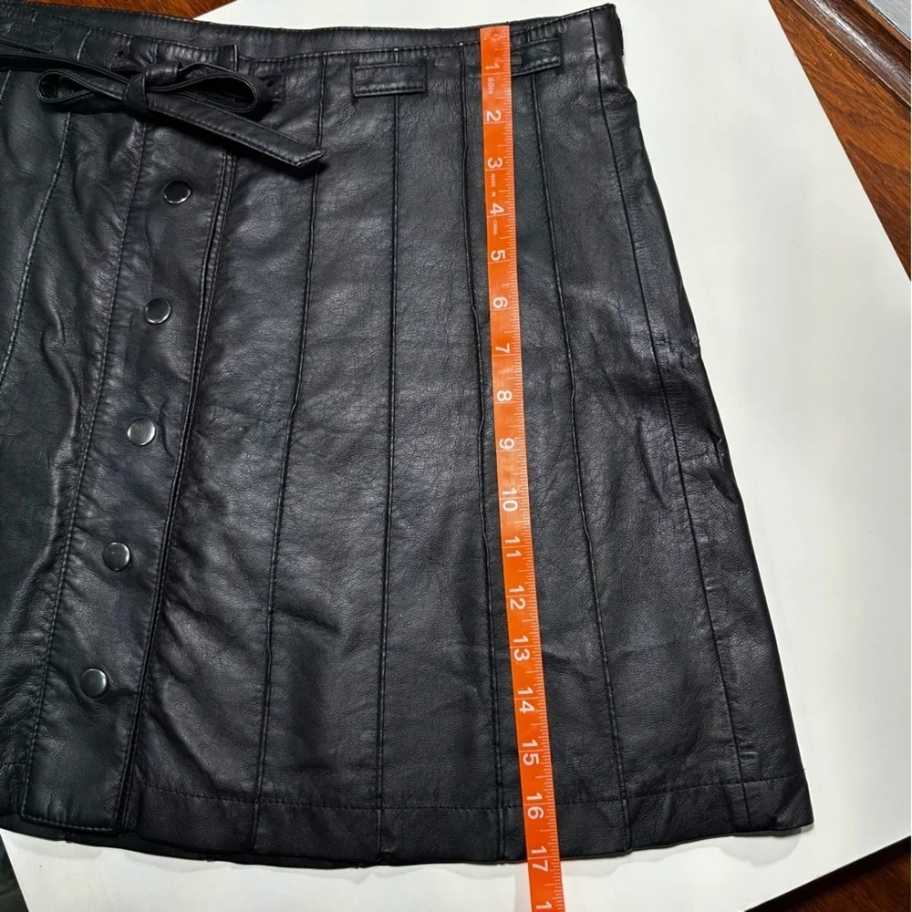 Free People Black Faux Leather Snap Front Mini Skirt with Bow Belt Size 12